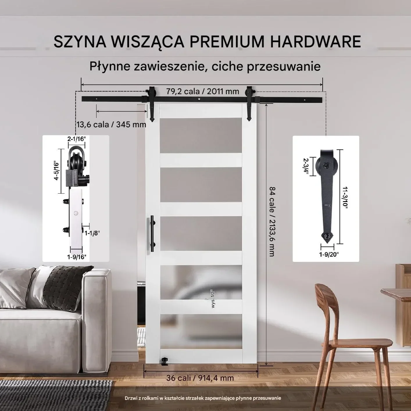 Drzwi Przesuwne z Drewna i Szkła 91 cm x 213 cm z Zestawem Okuć - obrazek 2