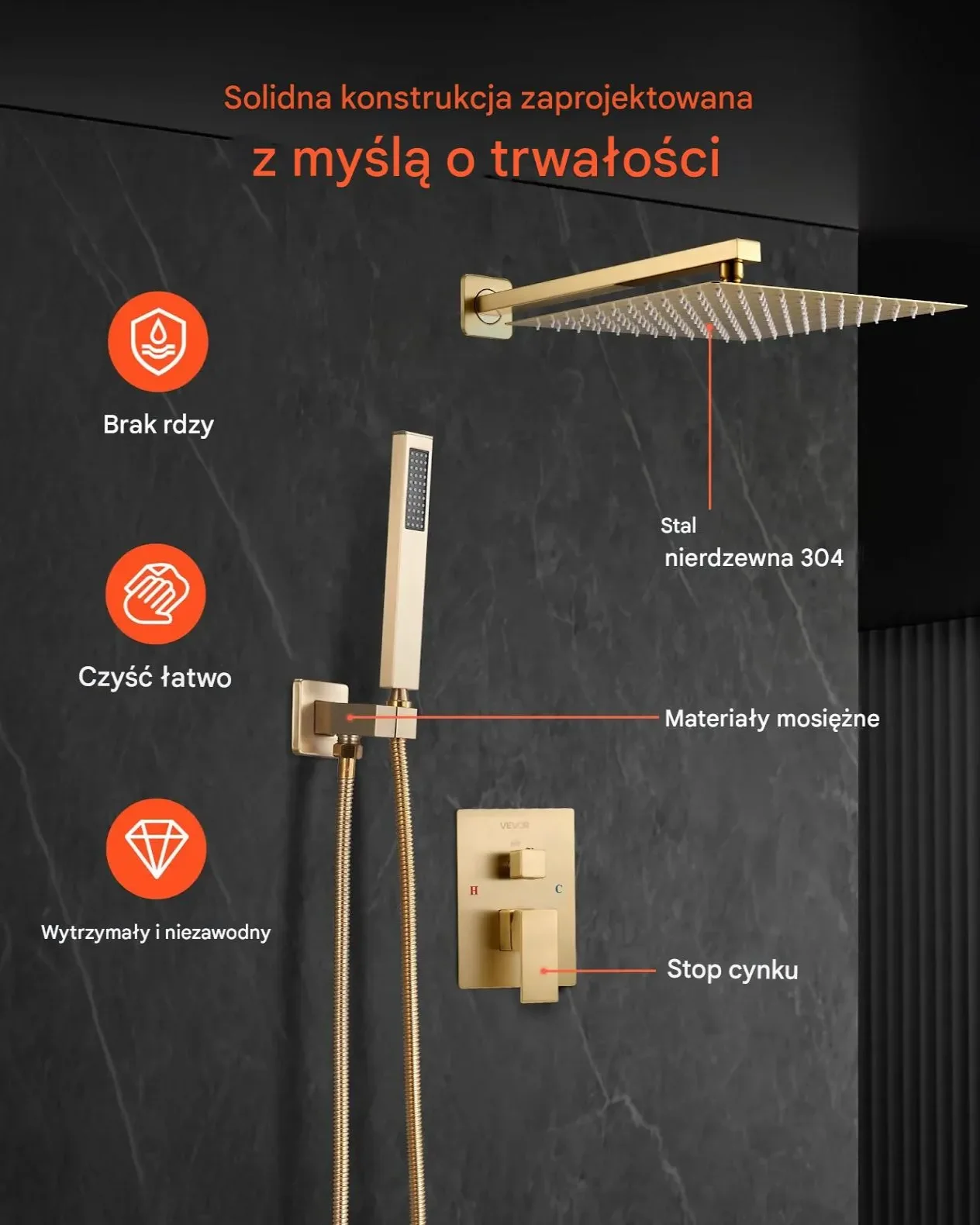 Zestaw prysznicowy deszczownica 25 cm złoty montaż ścienny prostokątny - obrazek 6