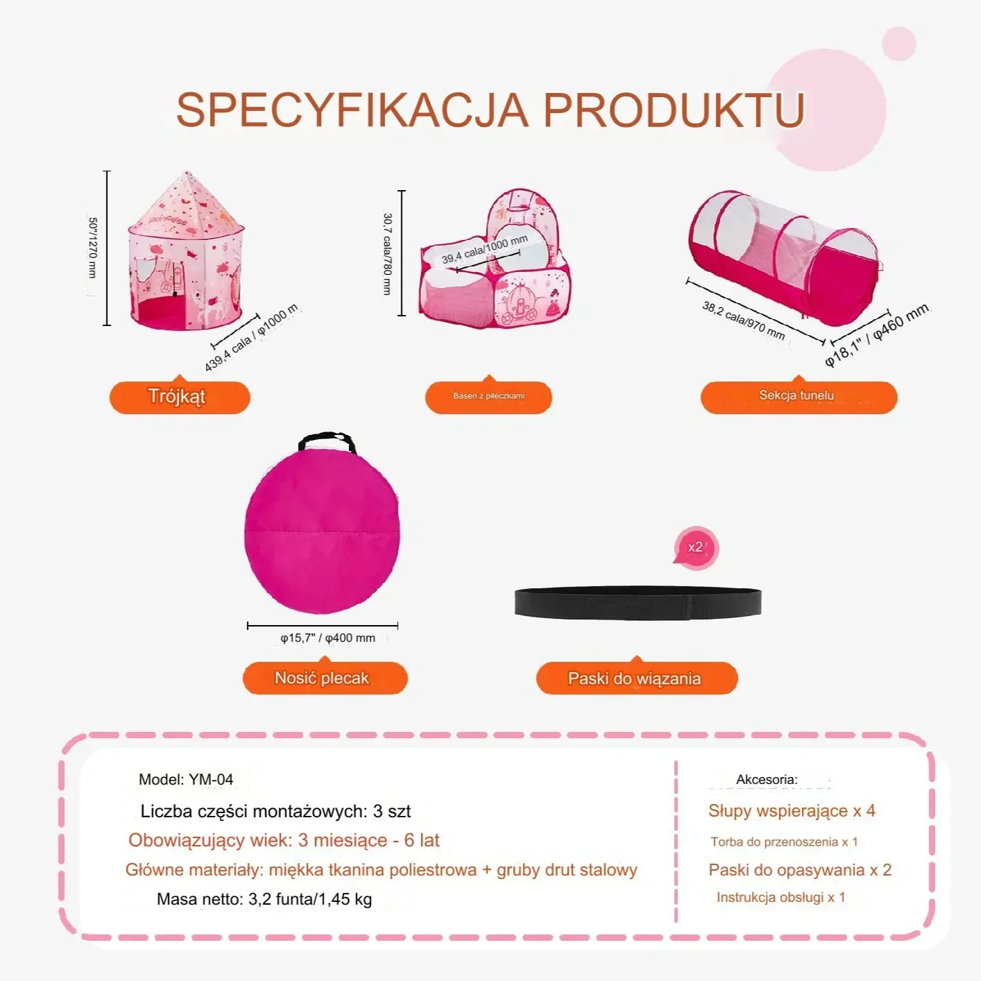 Namiot dla Dzieci Tipi Domek Tunel do Domu Ogrodu Zestaw Ogrodowy różowy - obrazek 5