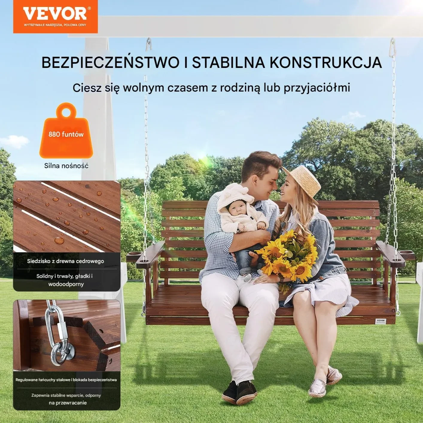 Huśtawka drewniana ławka na taras i ogród 400 kg brązowa - obrazek 3