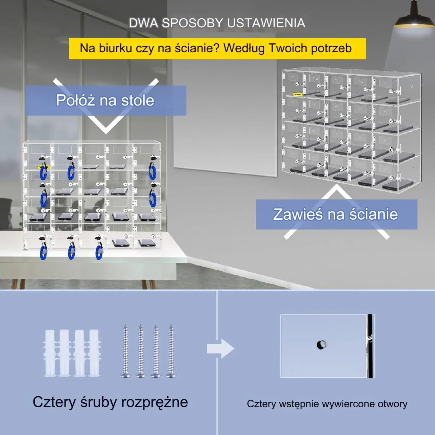 Szafka na telefony 20 przegródek akrylowa z zamkami na klucz ścienna - obrazek 13