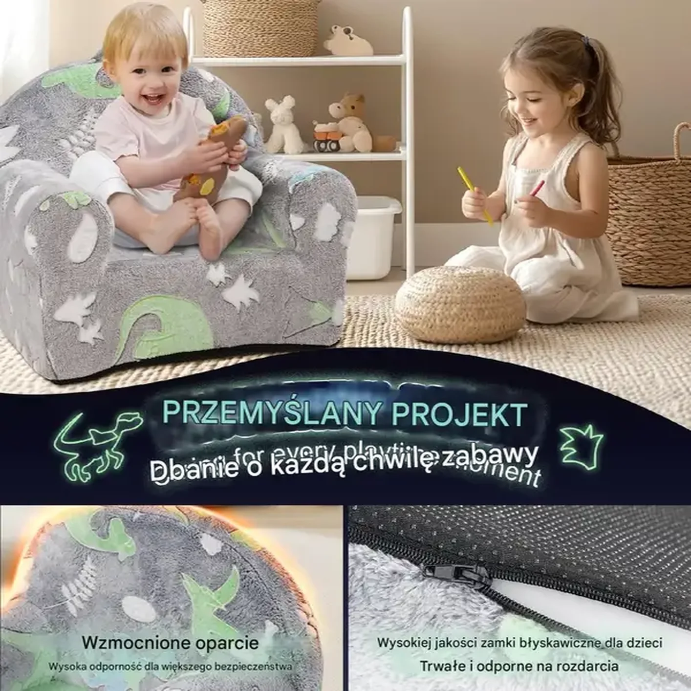 Fotel Dziecięcy Fotelik dla dzieci rozkładany fotel pluszowy pufa świecący - obrazek 3