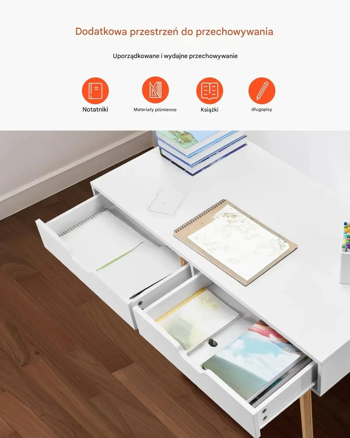 Biurko dziecięce z szufladą białe drewniane stolik do nauki do pokoju - obrazek 3