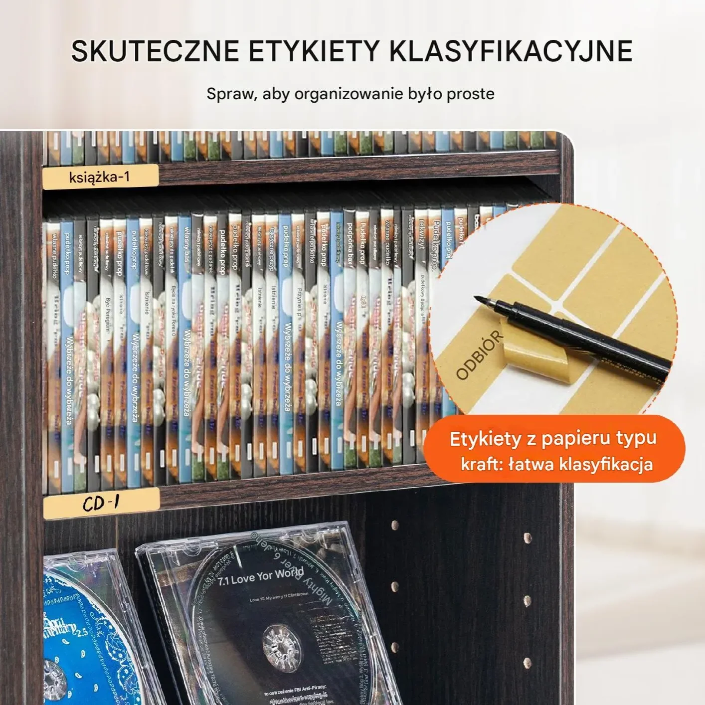Szafa na płyty CD DVD 5 półek na 240 sztuk, regulowane, kolor espresso - obrazek 3