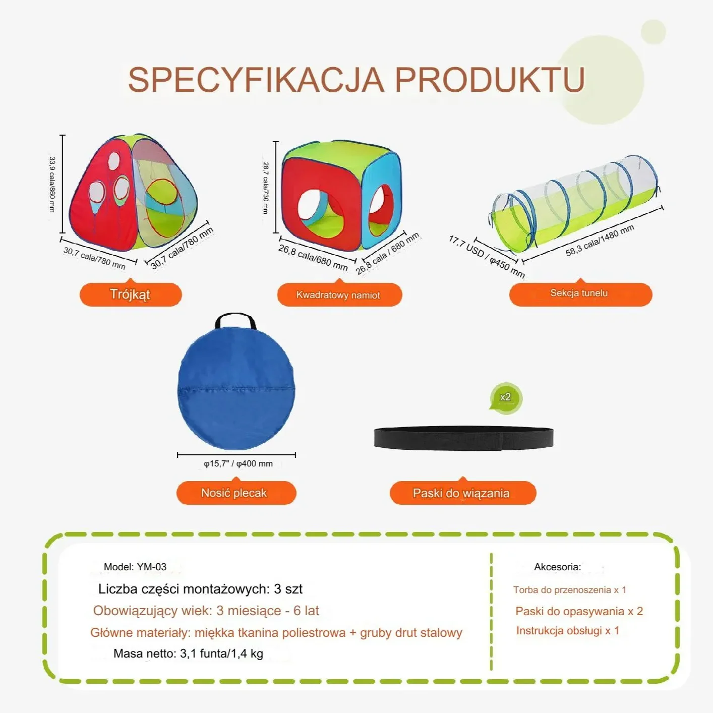 Namiot dla Dzieci Tipi Domek Tunel do Domu Ogrodu Zestaw Ogrodowy 3w1 - obrazek 5