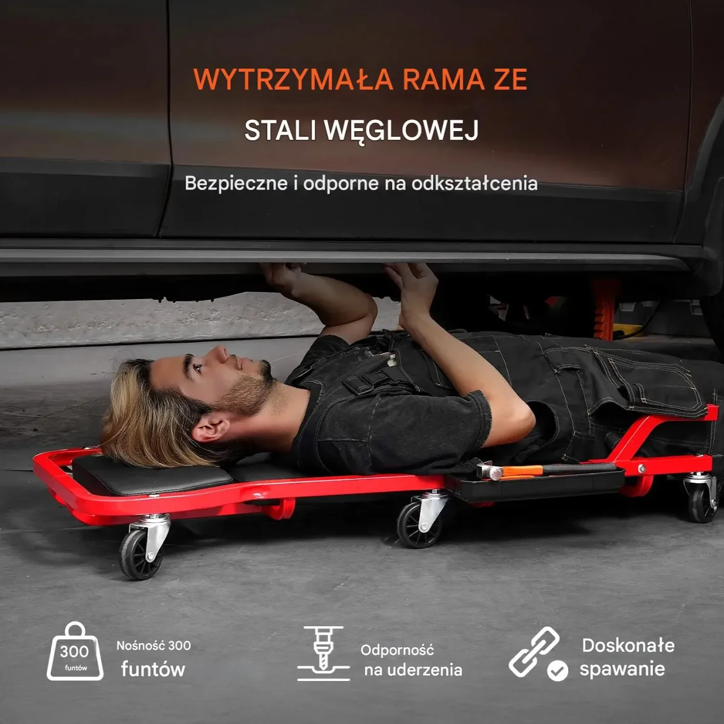 Leżanka warsztatowa 1118mm stalowa regulowany zagłowek tacka na narzędzia - obrazek 3