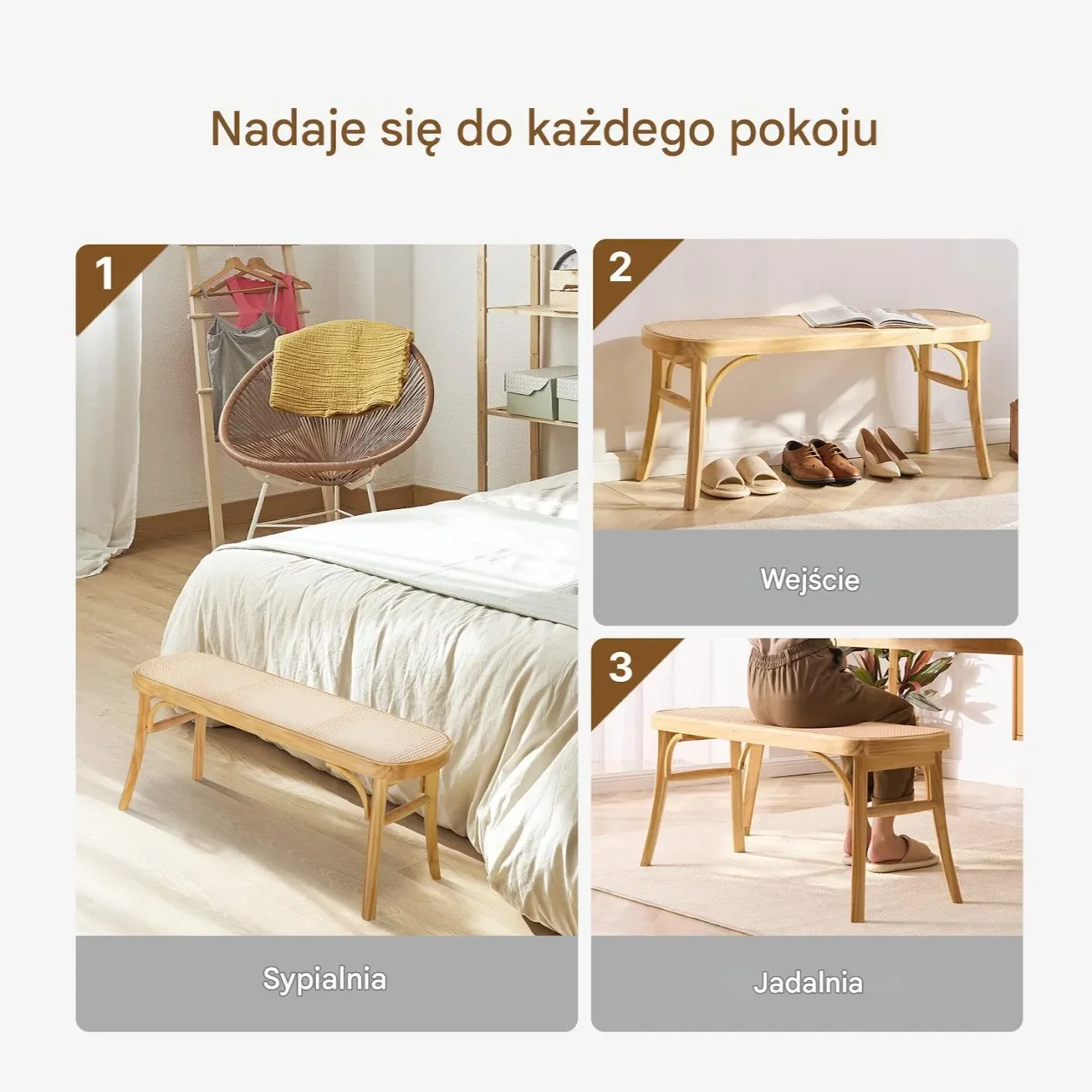 Ławka rattan pleciona 110 cm drewniana - do przedpokoju salonu i sypialni - obrazek 2