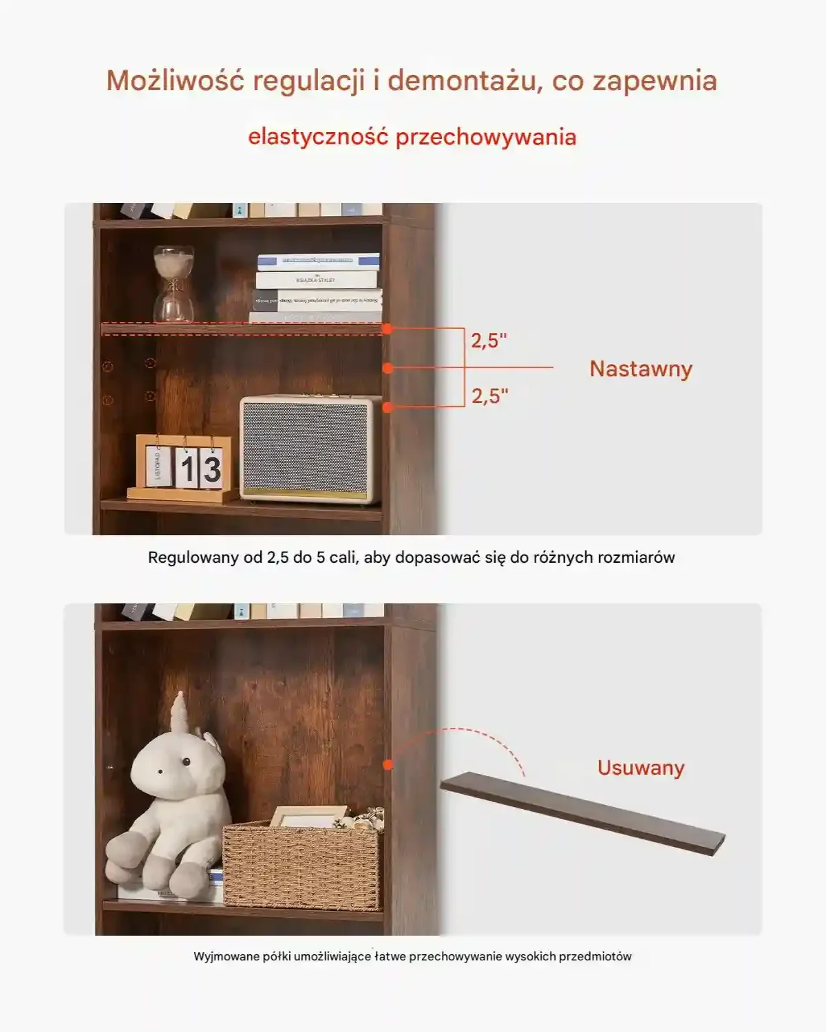 Regał wąski 5-poziomowy 135cm drewniany brązowy z regulowaną półką do biura - obrazek 4