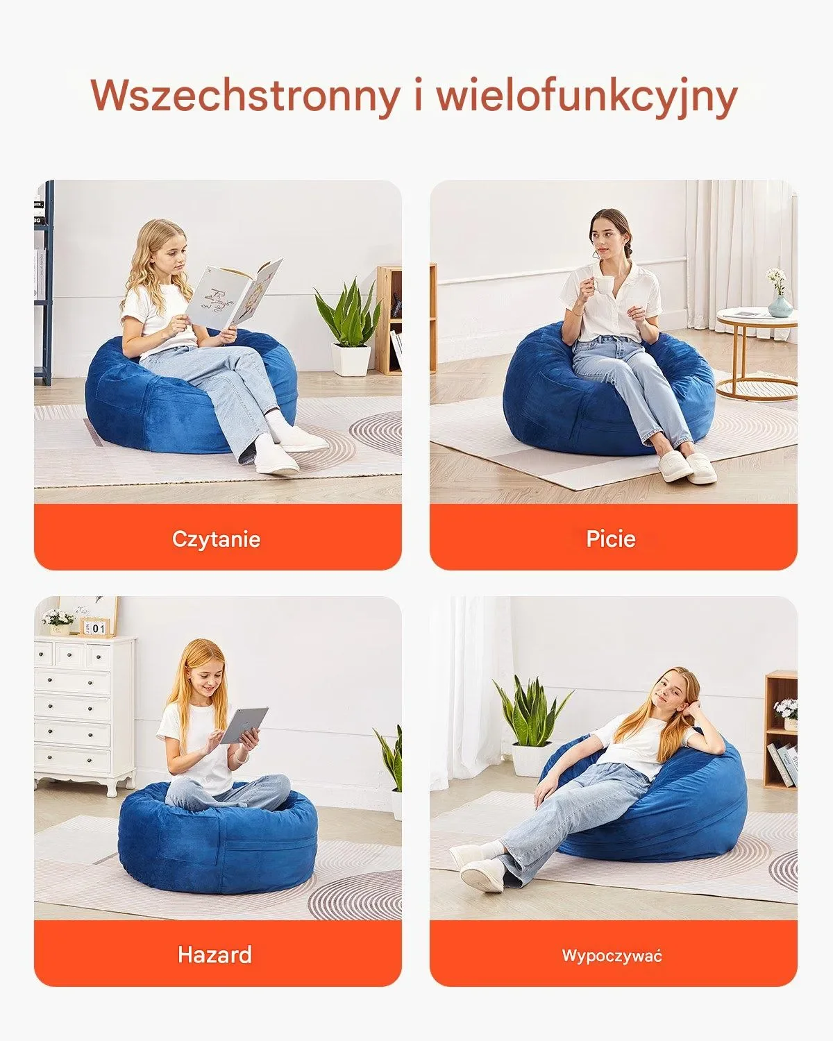 Fotel Worek Okrągły z Pokrowcem Niebieski – 890 x 890 x 560 mm - obrazek 5