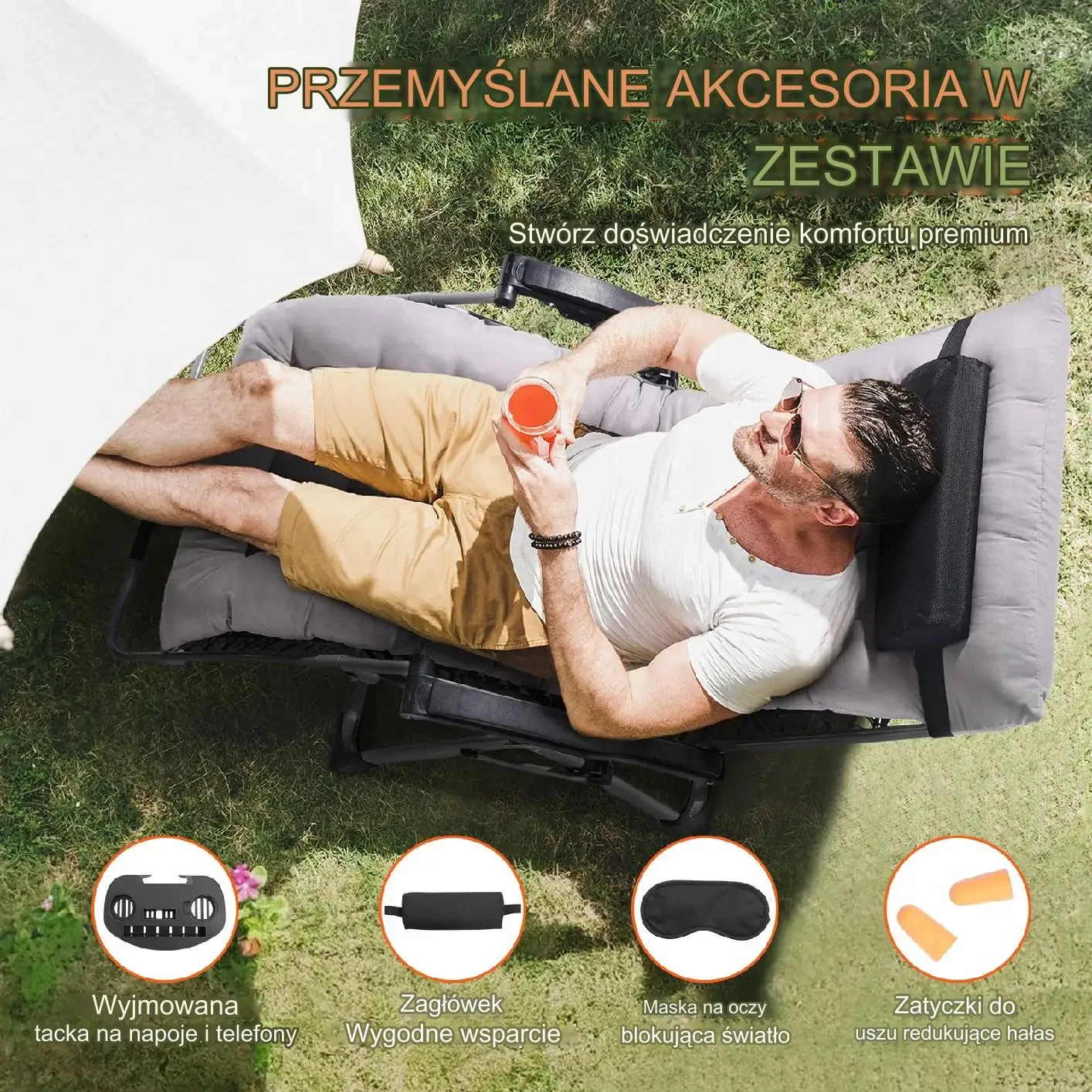 Leżak wypoczynkowy regulowany z poduszką i uchwytem nośność 226 kg ogród - obrazek 5