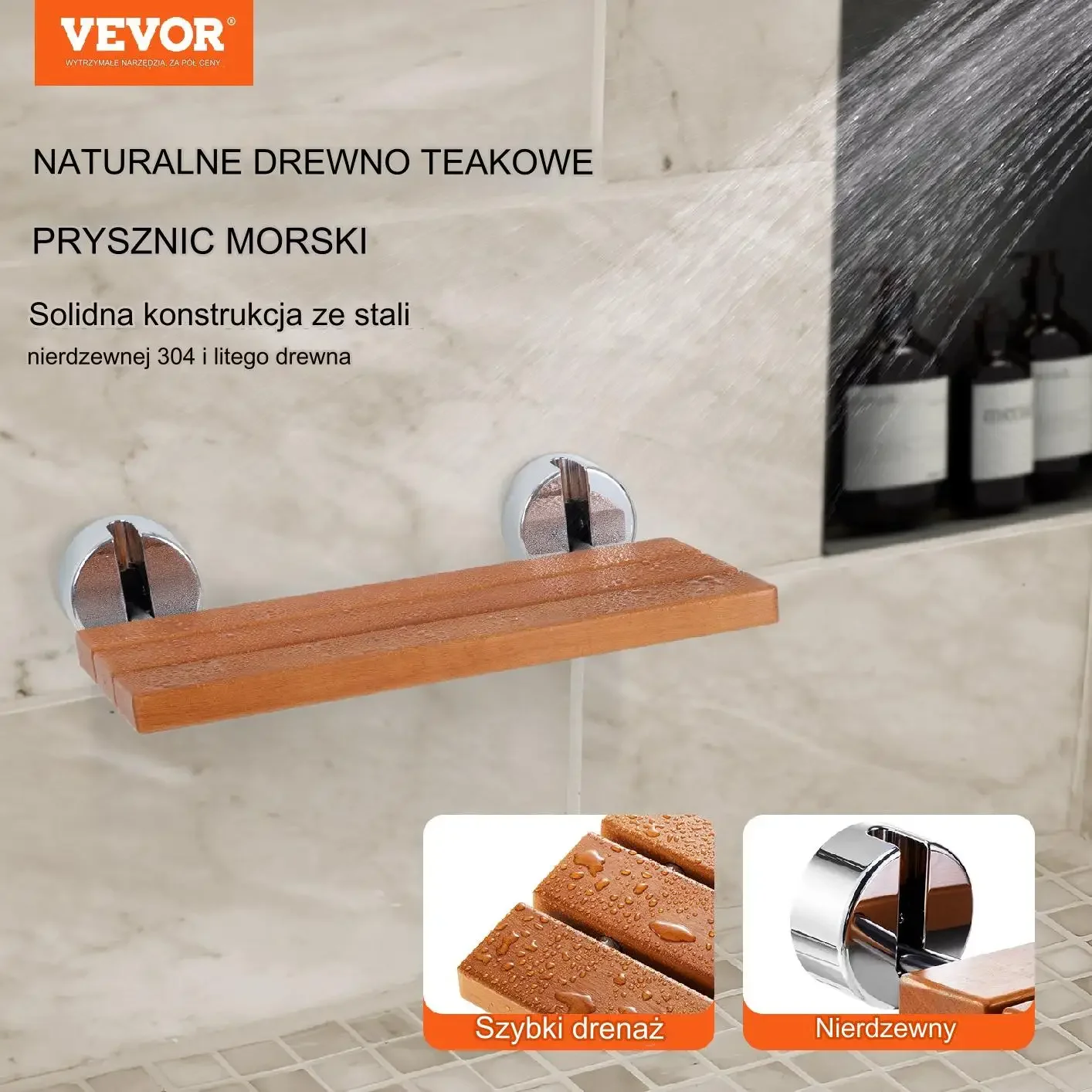 Siedzisko prysznicowe składane teak ścienne 200 kg wytrzymałe bezpieczne - obrazek 5