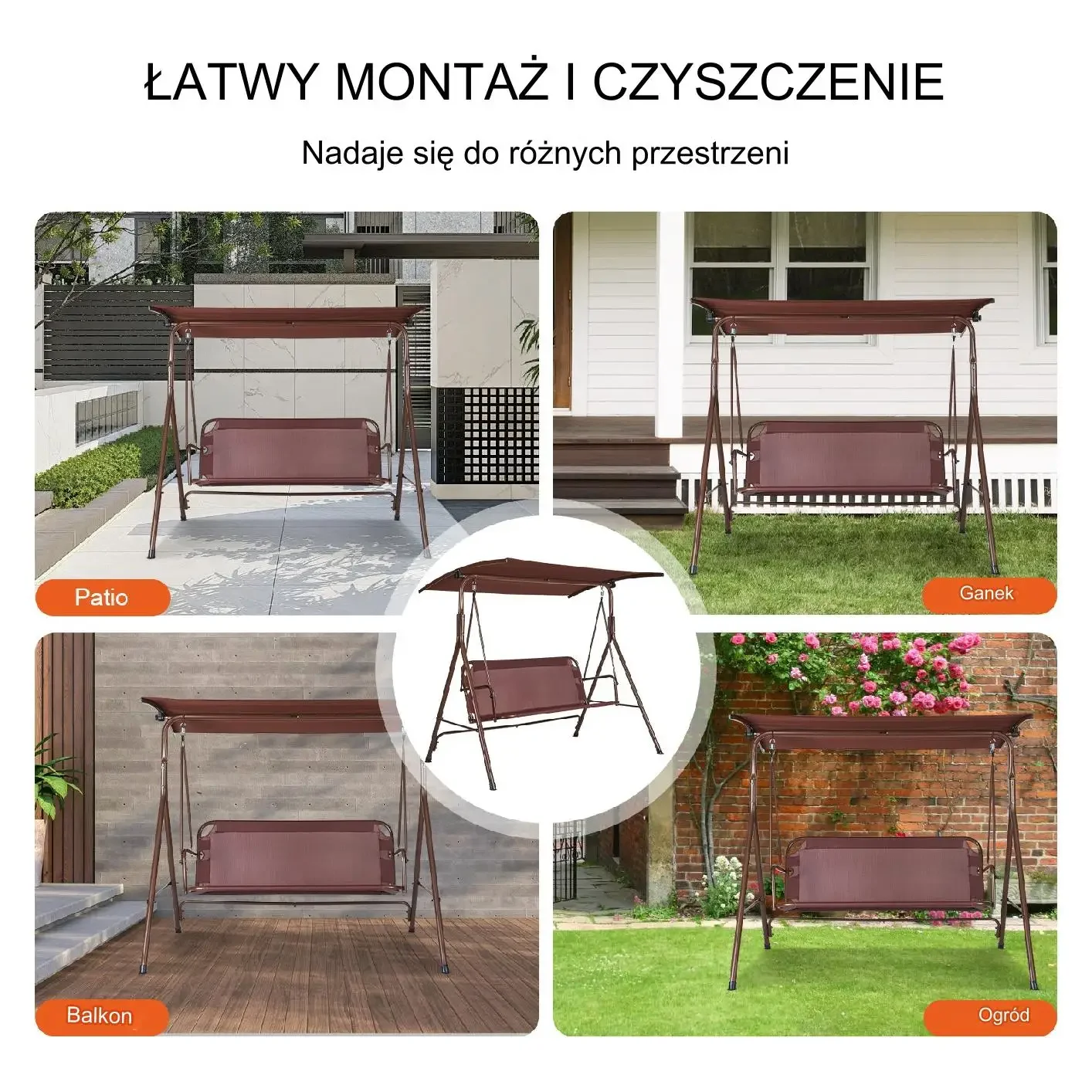 Huśtawka ogrodowa 3-osobowa z podłokietniki baldachim brązowa - obrazek 4