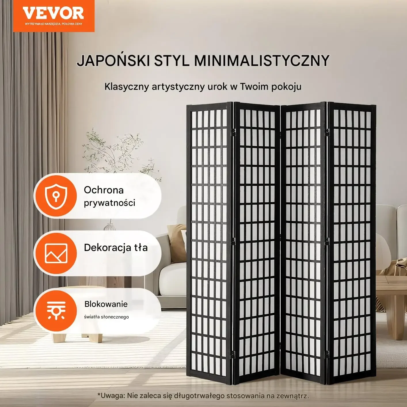 Parawan japoński 4 panelowy drewniany składany czarna rama do pokoju/biura - obrazek 6