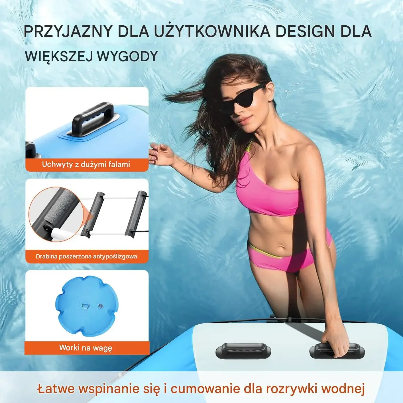 Trampolina wodna dmuchana 3,05 m niebiesko-biała, drabinka, 185 kg, PVC - obrazek 6