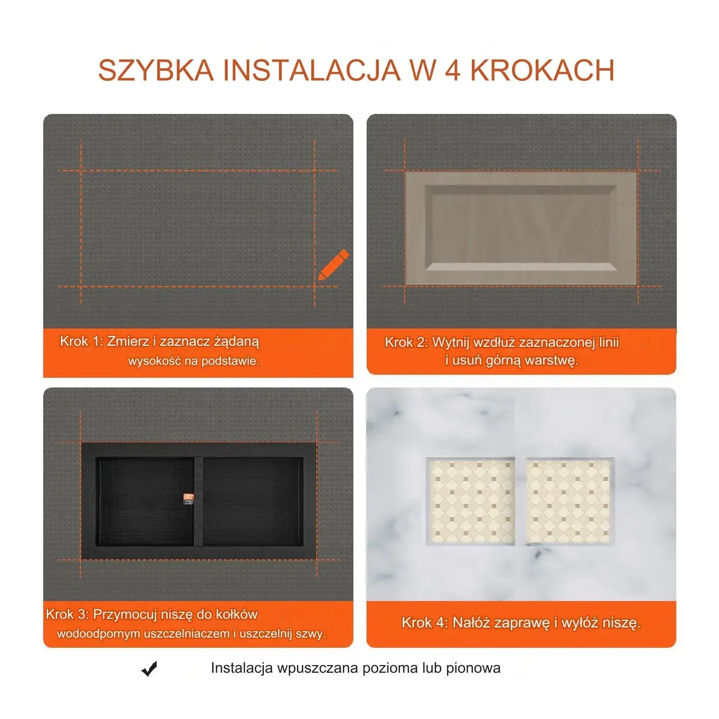 Wnękowa półka łazienkowa 40x81 cm, 2 poziomy, XPS, wbudowana, czarna - obrazek 4