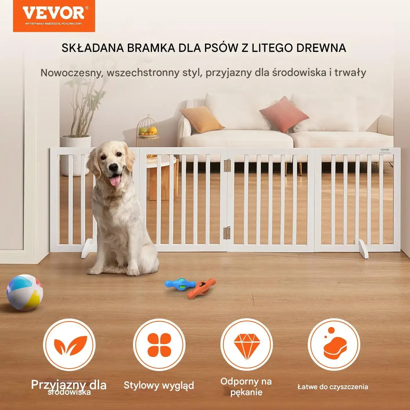 Bramka dla psa składana 4-panelowa, biała, 50x61 cm, szer. do 204 cm - obrazek 5