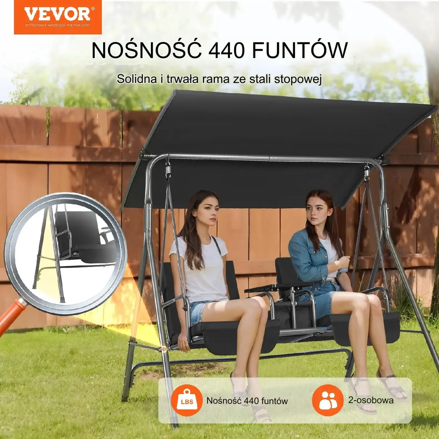 Huśtawka ogrodowa 2-osobowa z baldachimem i tacą czarna 174 cm - obrazek 6