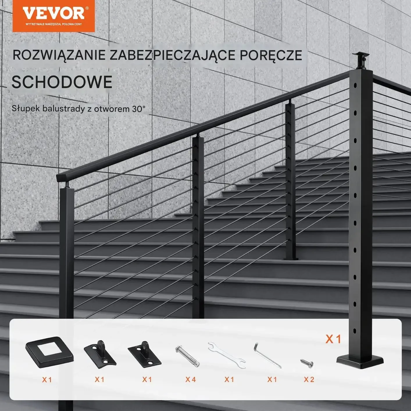 Słupek balustrady 91 cm 30° czarny stal nierdzewna z uchwytami - obrazek 6