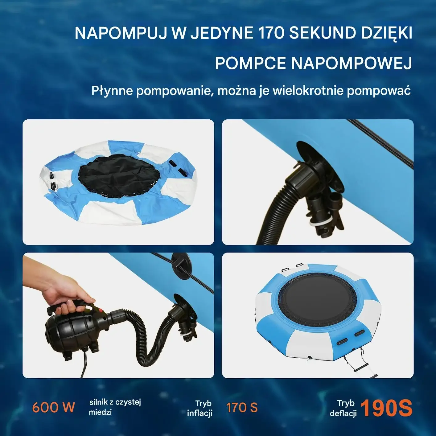 Trampolina wodna dmuchana 3,05 m niebiesko-biała, drabinka, 185 kg, PVC - obrazek 2