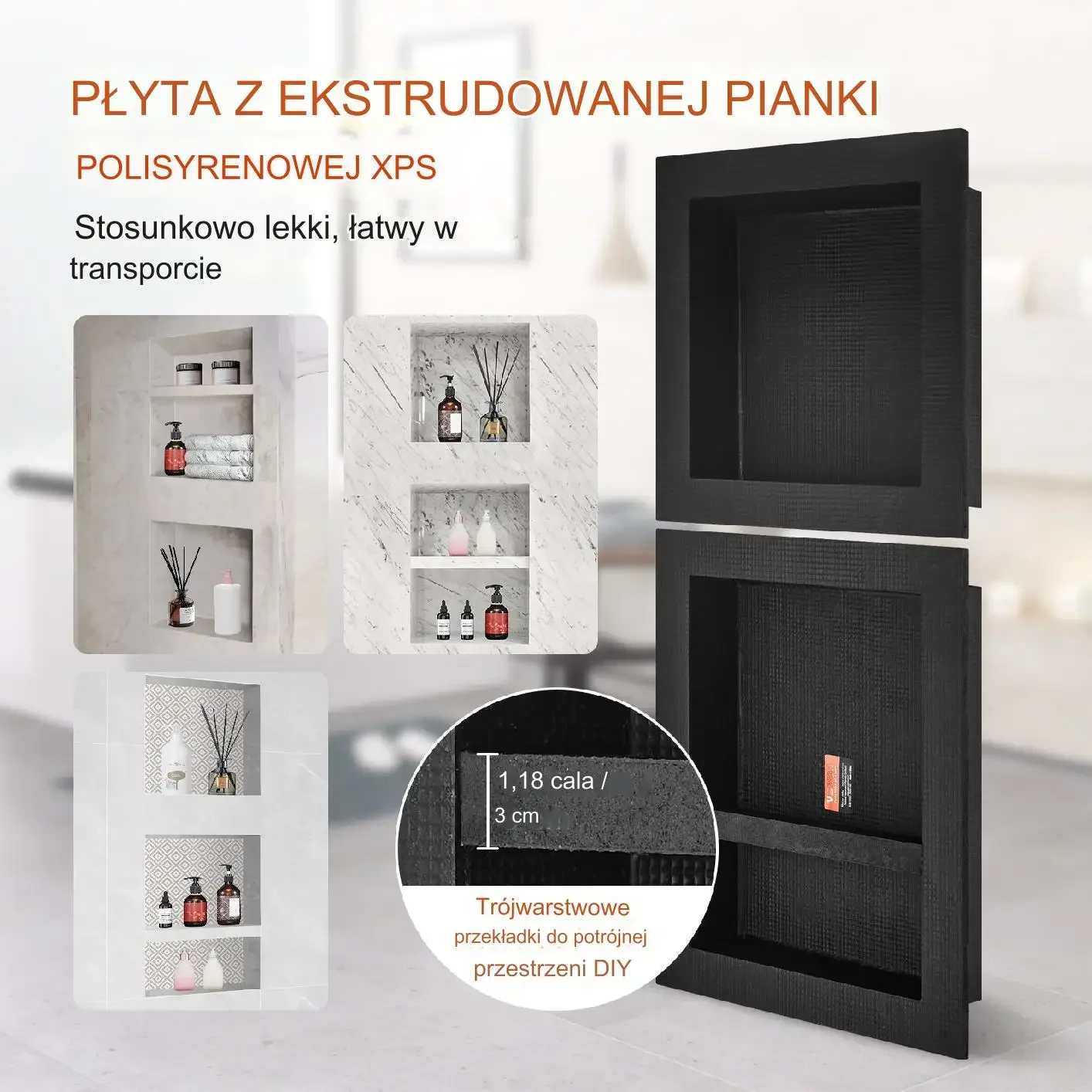 Zestaw wnęk łazienkowych XPS 40x40 + 40x50 cm, 2 szt., 3 półki, czarny - obrazek 2