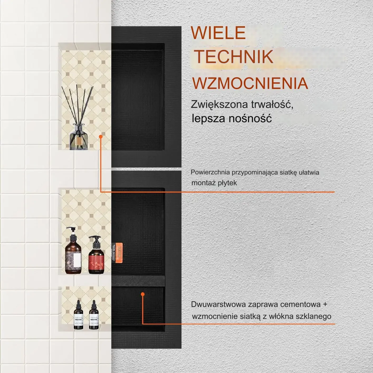 Zestaw wnęk łazienkowych XPS 40x40 + 40x50 cm, 2 szt., 3 półki, czarny - obrazek 3