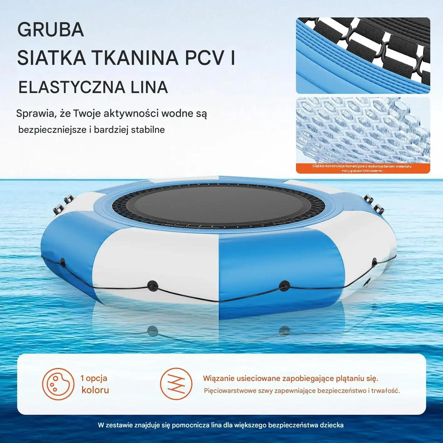 Trampolina wodna dmuchana 3,05 m niebiesko-biała, drabinka, 185 kg, PVC - obrazek 5