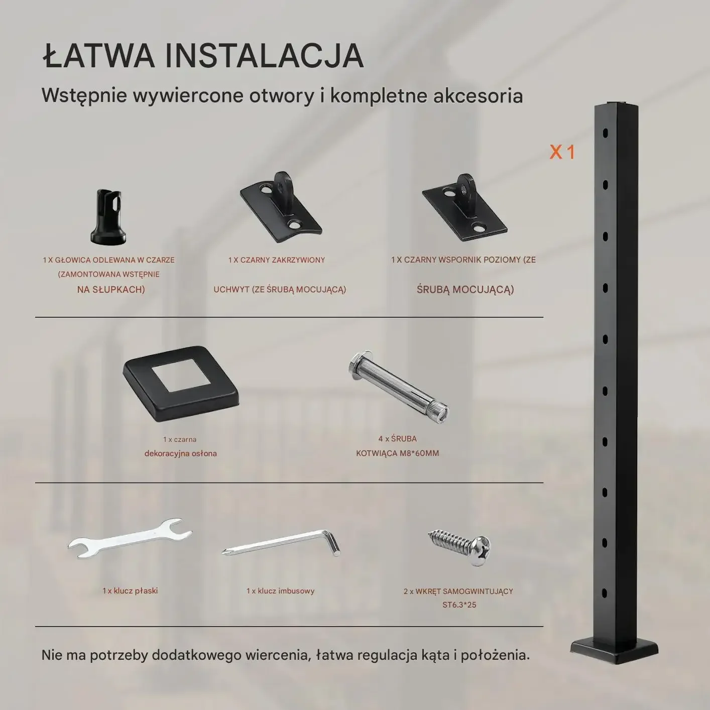 Słupek balustrady 91 cm 30° czarny stal nierdzewna z uchwytami - obrazek 2