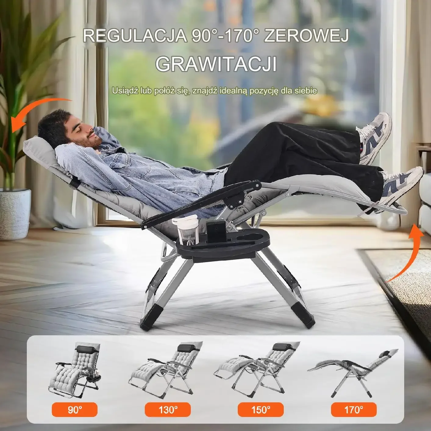 Leżak wypoczynkowy regulowany z poduszką i uchwytem nośność 226 kg ogród - obrazek 2