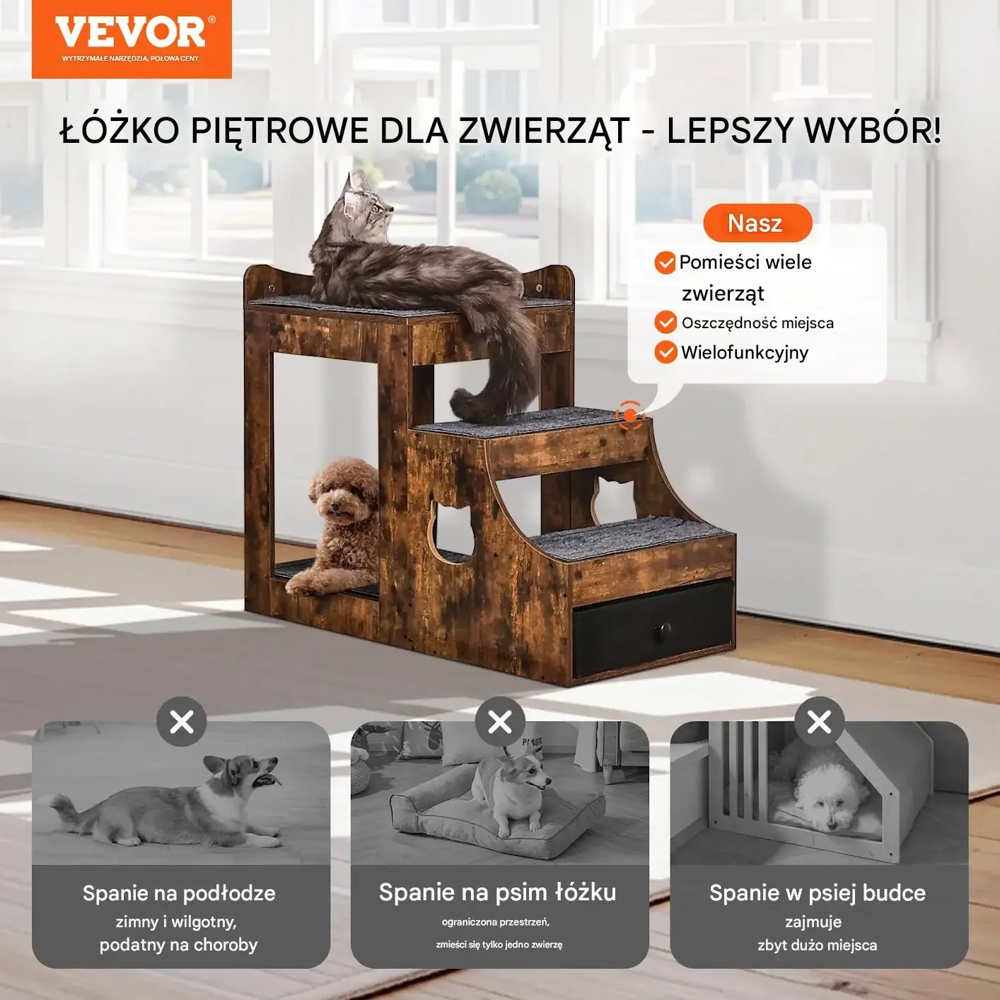 Piętrowe łóżko dla psa z schodami siedzisko przy oknie schowek 83x45cm - obrazek 6