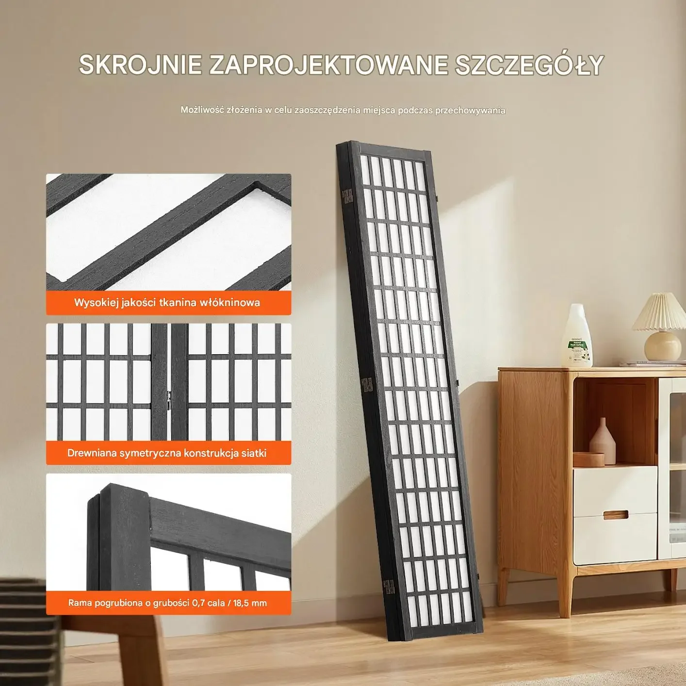 Parawan japoński 4 panelowy drewniany składany czarna rama do pokoju/biura - obrazek 4