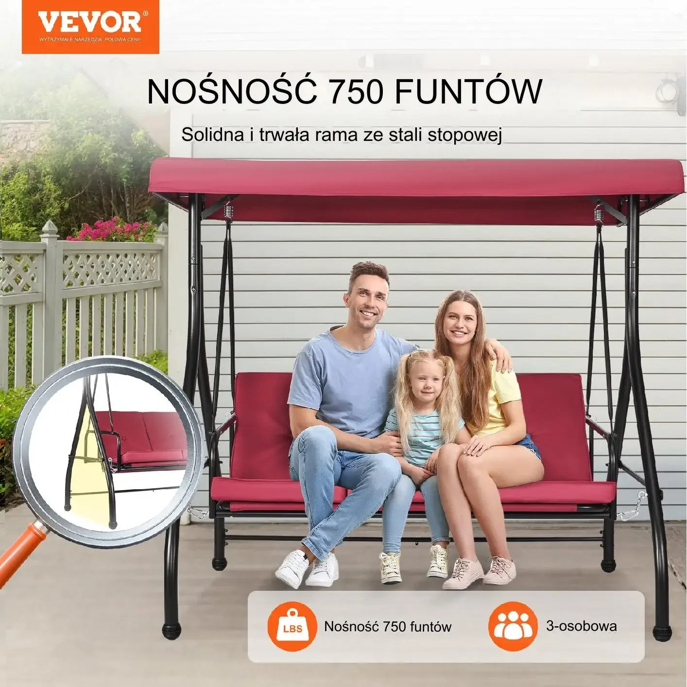 Huśtawka ogrodowa 3-osobowa z baldachimem bordowa poduszki stal - obrazek 6
