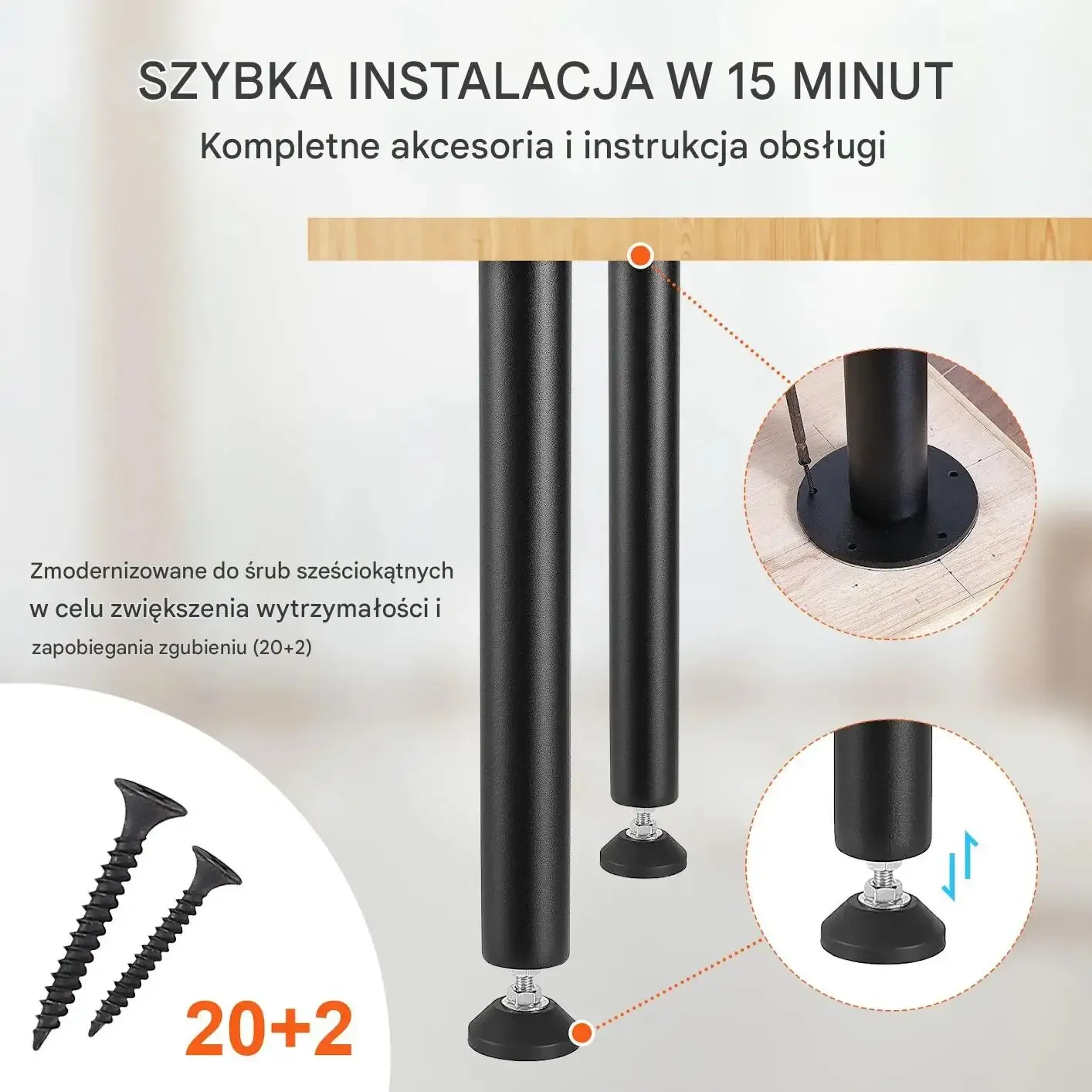 Nogi stołowe regulowane 41 cm, 4 szt., 544 kg, czarne mat, stal, DIY - obrazek 2
