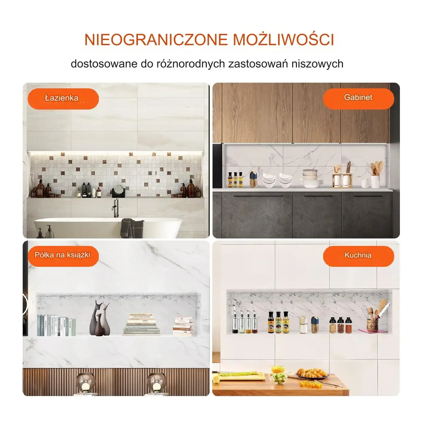 Wnękowa półka łazienkowa XPS 40x127 cm, 1 półka, długa, wpuszczana - obrazek 5