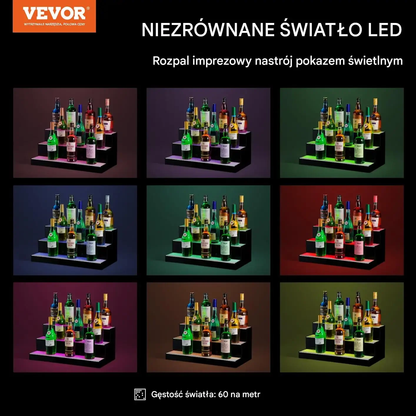 Podświetlana półka na butelki barowa, 61 cm, 3-stopniowa, sterowanie zdalne - obrazek 5