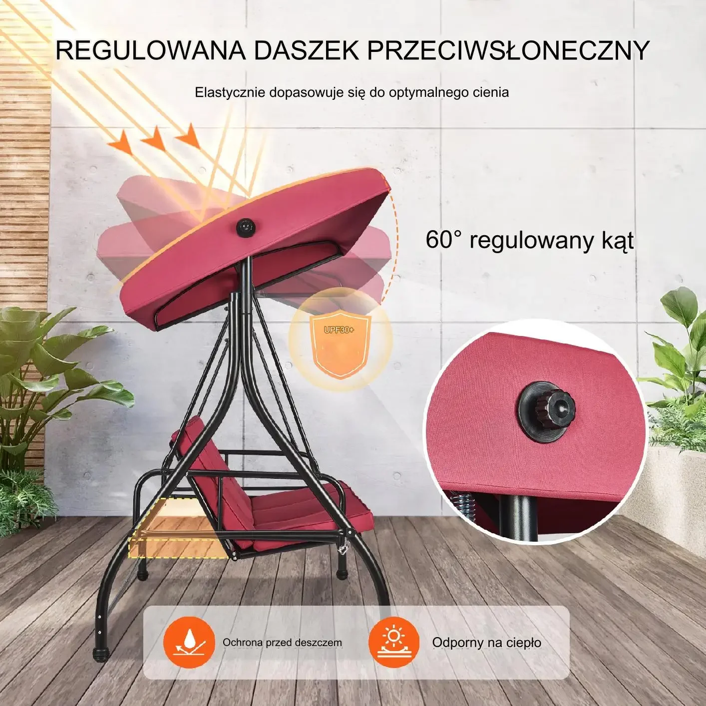 Huśtawka ogrodowa 3-osobowa z baldachimem bordowa poduszki stal - obrazek 2