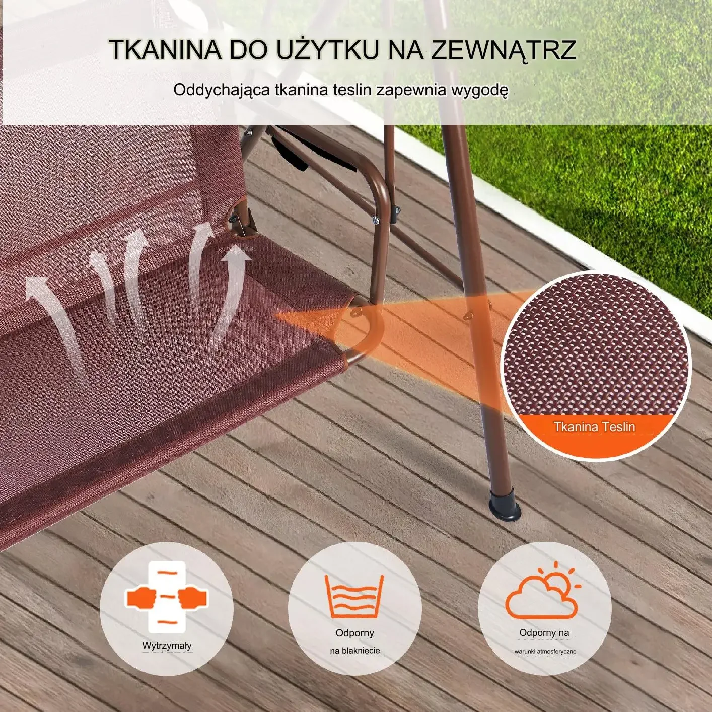 Huśtawka ogrodowa 3-osobowa z podłokietniki baldachim brązowa - obrazek 2