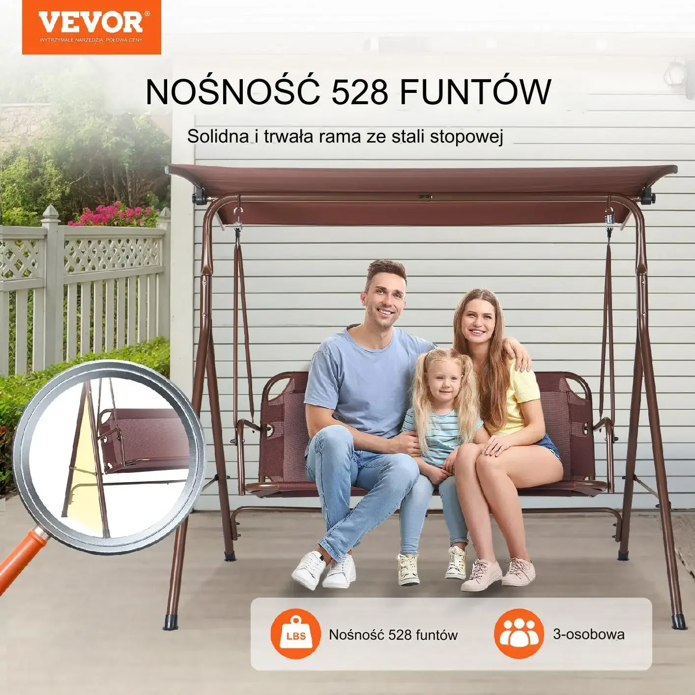 Huśtawka ogrodowa 3-osobowa z podłokietniki baldachim brązowa - obrazek 6