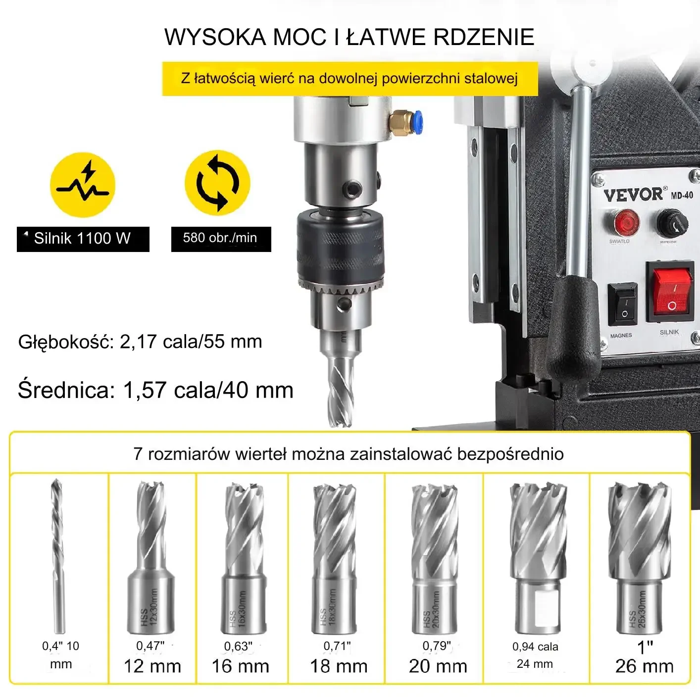 Przenośne Wiertło Magnetyczne Wiertarka Rdzeniowa 1100 W 7 Wierteł - obrazek 5