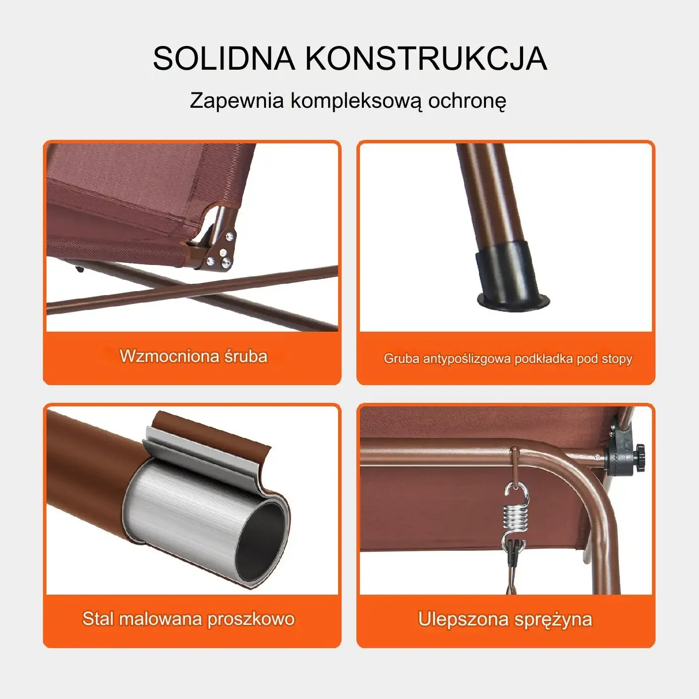 Huśtawka ogrodowa 3-osobowa z podłokietniki baldachim brązowa - obrazek 3