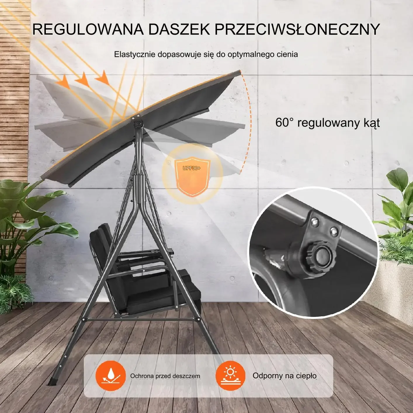 Huśtawka ogrodowa 2-osobowa z baldachimem i tacą czarna 174 cm - obrazek 2