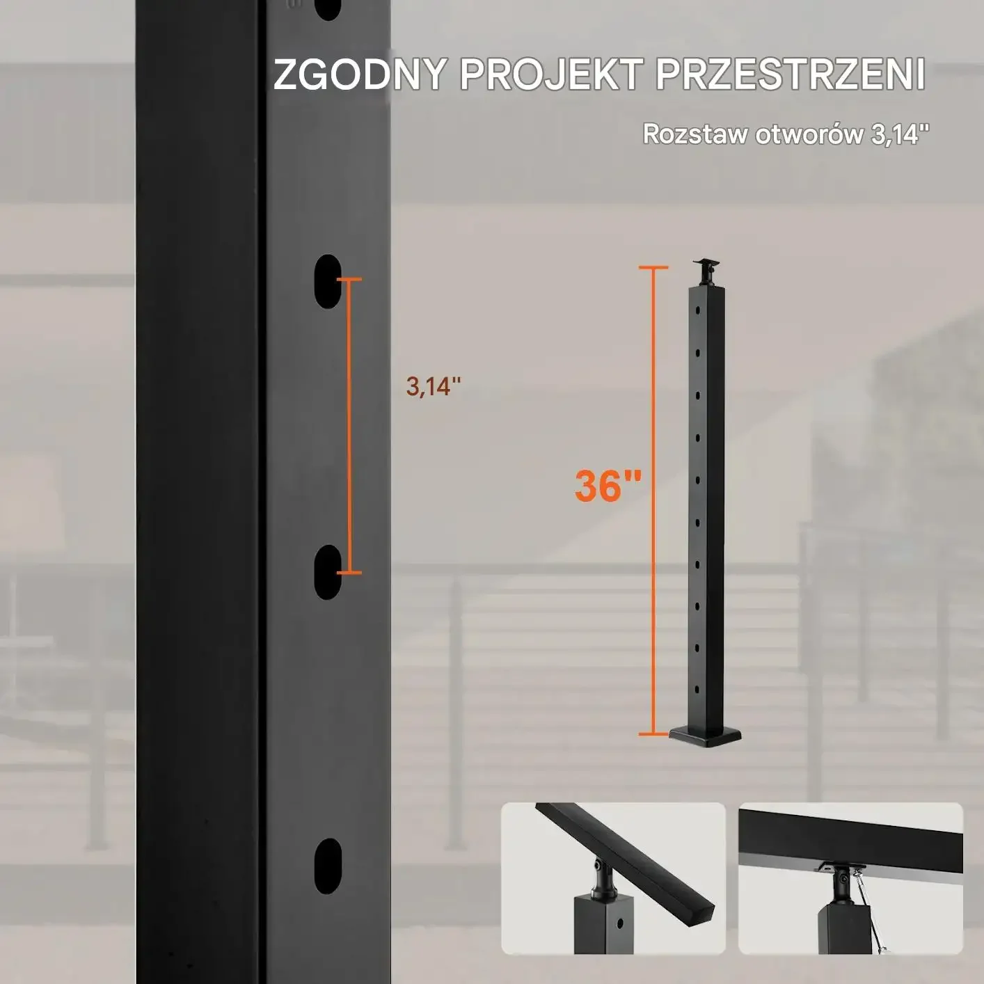 Słupek balustrady 91 cm 30° czarny stal nierdzewna z uchwytami - obrazek 4