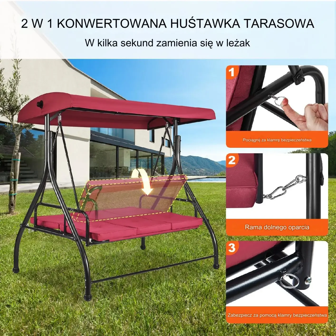 Huśtawka ogrodowa 3-osobowa z baldachimem bordowa poduszki stal - obrazek 3