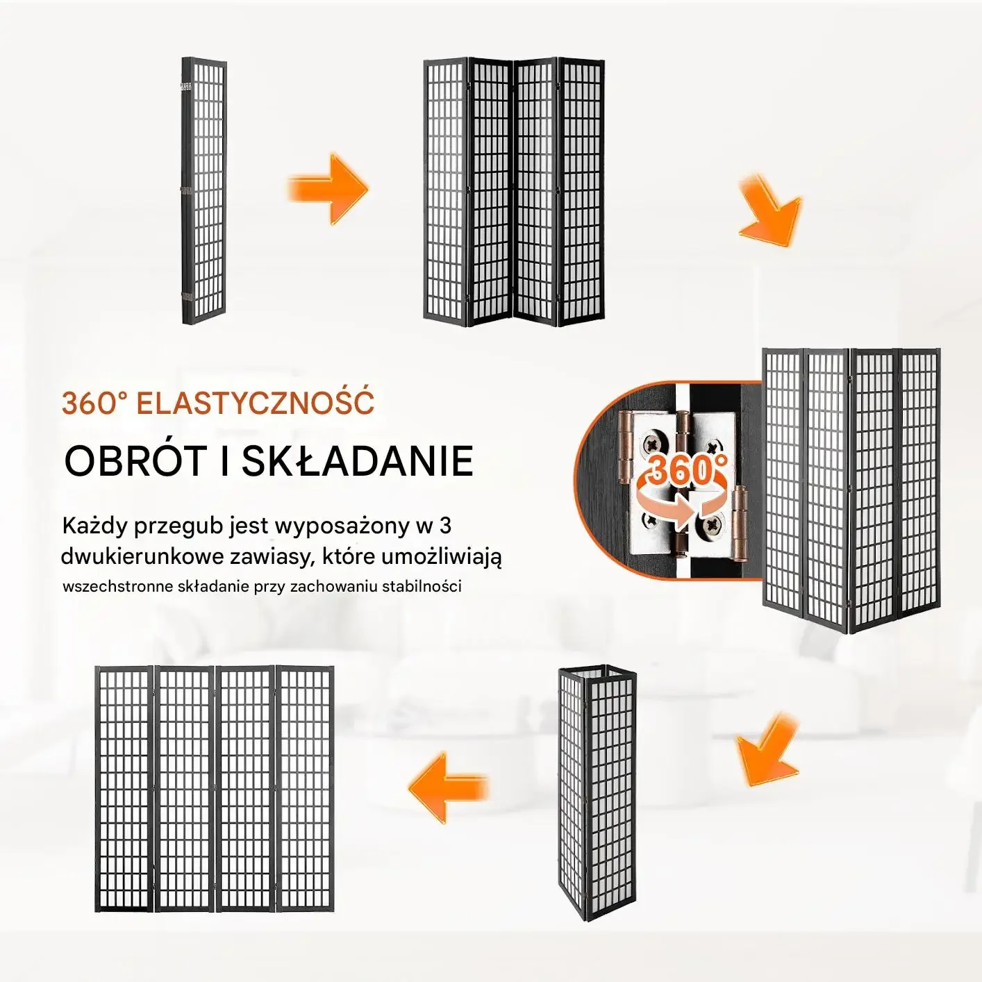 Parawan japoński 4 panelowy drewniany składany czarna rama do pokoju/biura - obrazek 2