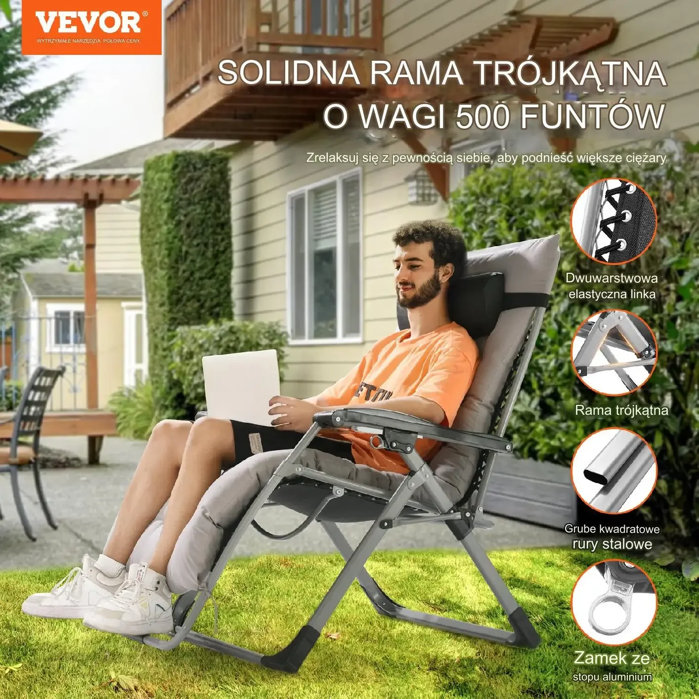 Leżak wypoczynkowy regulowany z poduszką i uchwytem nośność 226 kg ogród - obrazek 6