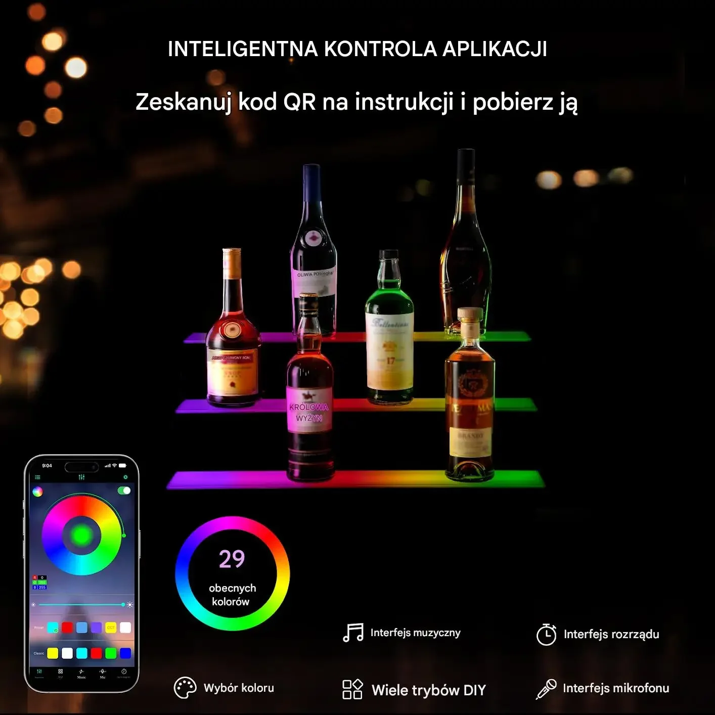 Podświetlana półka na butelki barowa, 61 cm, 3-stopniowa, sterowanie zdalne - obrazek 2