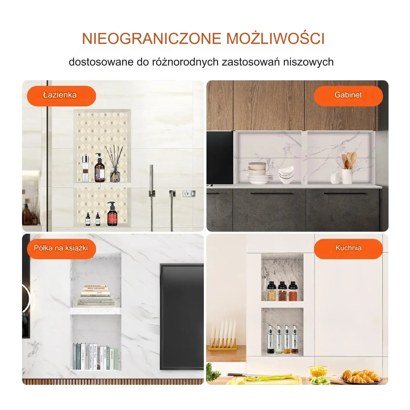 Wnękowa półka łazienkowa 40x81 cm, 2 poziomy, XPS, wbudowana, czarna - obrazek 5