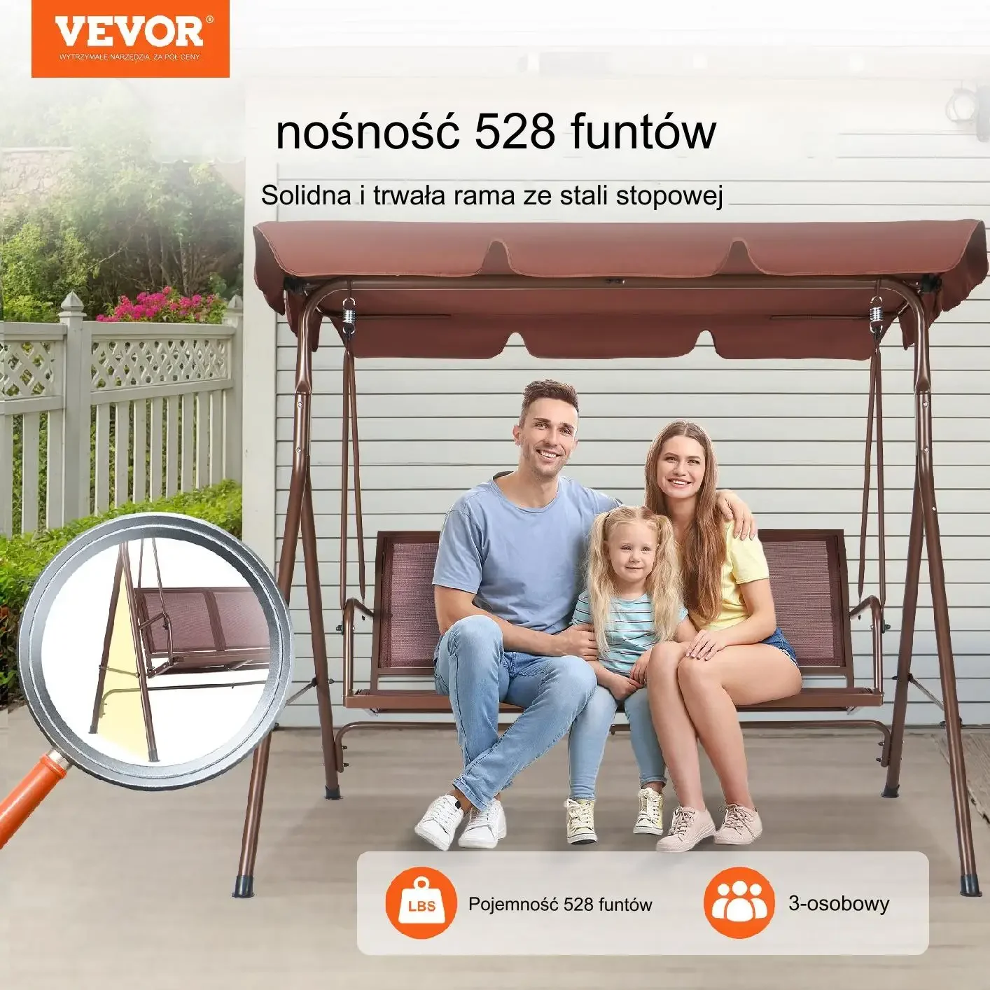 Huśtawka ogrodowa 3-osobowa z podłokietnikami brązowy 174 cm - obrazek 5