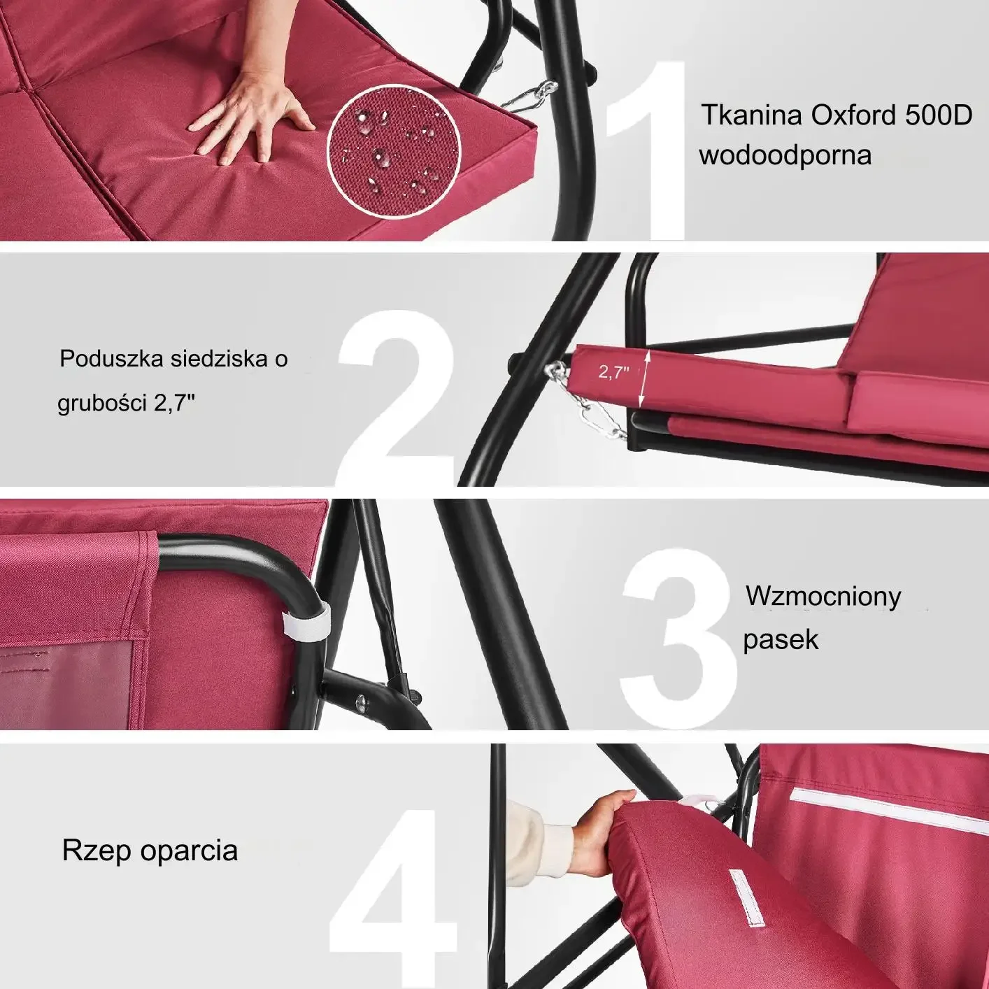Huśtawka ogrodowa 3-osobowa z baldachimem bordowa poduszki stal - obrazek 4