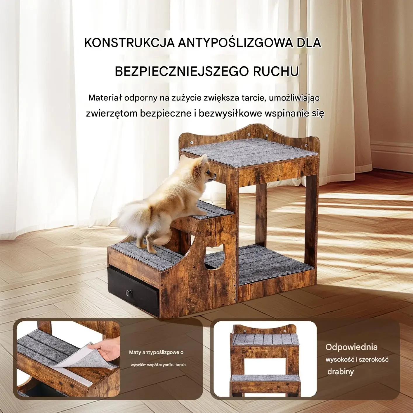 Piętrowe łóżko dla psa z schodami siedzisko przy oknie schowek 83x45cm - obrazek 4