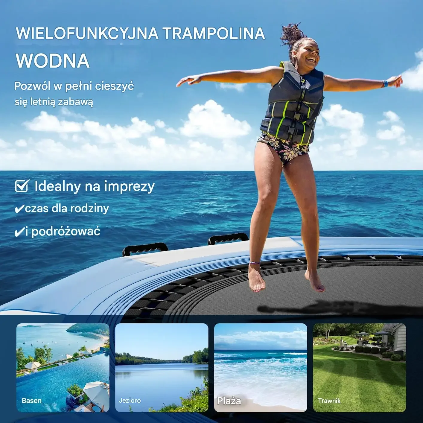 Trampolina wodna dmuchana 3,05 m niebiesko-biała, drabinka, 185 kg, PVC - obrazek 4